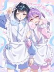  1004_tanpopo 2boys animal_ear_hairband animal_ears apron arm_up black_hair blue_jacket blue_shorts blue_streaks blush colored_inner_hair commentary_request crossdressing crossdressing_(mtf) crossed_bangs dog_ear_hairband dog_ears ensemble_stars! facial_mark fake_animal_ears frilled_apron frills grid_background gym_shorts hair_between_eyes hair_intakes hairband hanamura_fuyume hand_up heart heart_facial_mark highres holding_another's_arm jacket jersey_maid long_sleeves looking_at_viewer maid maid_apron maid_headdress male_focus male_maid multicolored_hair multiple_boys name_tag one_eye_closed open_mouth pink_jacket pink_shorts purple_eyes purple_hair sagiri_esu shorts smile streaked_hair track_jacket translation_request unconventional_maid v white_apron 