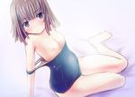  bakemonogatari blush breasts brown_eyes brown_hair kamo_(rsrk) monogatari_(series) nipples one-piece_swimsuit school_swimsuit sengoku_nadeko short_hair sitting small_breasts smile solo sweat swimsuit undressing 