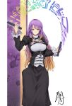  1girl absurdres adapted_costume breasts closed_mouth clothing_cutout commentary cross-laced_clothes cross-laced_dress dress gradient_hair highres hijiri_byakuren hip_vent juliet_sleeves large_breasts layered_dress long_hair long_sleeves looking_at_viewer multicolored_hair orange_eyes puffy_sleeves purple_hair shirt signature smile solo sorcerer's_sutra_scroll touhou white_shirt yagoro_kusuriya 