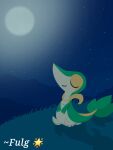  2025 3_fingers ambiguous_gender artist_name eyes_closed feral fingers fulgito_ast generation_5_pokemon grass green_body green_skin green_tail light long_tail moon moonlight night nintendo plant pokemon pokemon_(species) sitting sitting_on_ground sky snivy solo star starry_sky tail text 