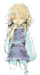  1girl blonde_hair blush blush_stickers bow closed_eyes commentary_request cropped_legs hair_bow hand_to_own_mouth long_sleeves messy_hair missing_headwear moriya_suwako open_mouth pantyhose petite purple_skirt purple_vest shirt short_hair single_sleeve_past_fingers skirt sleepy solo standing touhou vest wataichi_meko white_background white_pantyhose white_shirt wide_sleeves yawning 