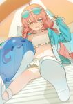  1girl ahoge beach_umbrella bikini blue-tinted_eyewear blue_archive blue_eyes blue_jacket blush collarbone commentary_request eyewear_on_head fang food frilled_bikini frills hair_between_eyes hair_bobbles hair_ornament halo heterochromia highres holding holding_food holding_popsicle hoshino_(blue_archive) inflatable_toy jacket long_hair long_sleeves looking_at_viewer low_twintails misuzu0342 navel official_alternate_costume open_clothes open_jacket open_mouth pink_hair popsicle sandals sitting solo sunglasses swimsuit tinted_eyewear twintails umbrella white_bikini yellow_eyes 
