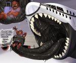  aircraft anthro bear black_body black_insides black_tongue blue_bottomwear blue_clothing blue_shorts bodily_fluids bottomwear brown_body brown_fur brown_hair clothed clothing cutaway duo fur grey_background hair hi_res imperatorcaesar inside_stomach living_aircraft living_machine living_vehicle machine male male_anthro male_prey mammal mouth_shot narrowed_eyes open_mouth oral_vore orange_eyes pupils red_sclera saliva saliva_on_tongue saliva_string short_hair shorts simple_background slim_anthro slim_male slit_pupils tongue unwilling_prey vehicle vore white_body 
