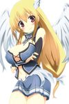  angel_wings astraea bad_id bad_pixiv_id blonde_hair blush breast_hold breasts chain cleavage collar crossed_arms large_breasts legs long_hair looking_at_viewer midriff miniskirt navel shiroie_mika skirt solo sora_no_otoshimono thighs white_background wings 