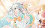  >_< 1girl :d animal_ears apron aqua_dress aqua_nails blonde_hair blue_dress blush bow bowtie braid commentary dress food frilled_apron frilled_dress frills green_eyes grey_hair hair_ornament hair_rings hands_up highres indoors lamp long_hair looking_at_viewer maid maid_apron maid_headdress misuzu0342 multicolored_hair nail_polish open_mouth original puffy_short_sleeves puffy_sleeves rabbit rabbit_ears sailor_collar short_sleeves smile solo star_(symbol) star_hair_ornament twin_braids untranslatable_commentary white_apron window wrist_cuffs 