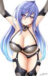  absurdres alexstardust31 armpits arms_up bikini black_bikini black_thighhighs blue_hair blush breasts cleavage collarbone commentary commission earrings elbow_gloves english_commentary gloves grey_bikini grey_gloves grey_thighhighs hair_between_eyes highres hoop_earrings huge_breasts iris_heart_(neptunia) jewelry kabedon_on_viewer kami_jigen_game_neptune_v leaning_forward legs_together long_hair looking_at_viewer mature_female multicolored_bikini multicolored_thighhighs naughty_face neptune_(series) official_alternate_costume parted_lips pink_eyes power_symbol power_symbol-shaped_pupils shiny_clothes shiny_skin signature swimsuit symbol-shaped_pupils thighhighs twitter_username two-tone_bikini two-tone_thighhighs very_long_hair white_background 