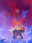  2025 2_tails 3_fingers 3_toes anthro arsene_(persona) biped blue_background blue_eyes blue_fire buizel clothed clothing colored_fire duo feet fingers fire fulgito_ast fur generation_4_pokemon glistening glistening_eyes hi_res long_tail male mask multi_tail nintendo open_mouth orange_body orange_fur orange_tail pink_tongue pokemon pokemon_(species) simple_background standing tail teeth toes tongue 
