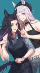  2girls absurdres animal_ears arm_around_neck bare_shoulders belt black_hair black_tank_top blue_pants blue_shirt blue_vest blunt_bangs blush breasts collarbone ears_through_headwear fenomeno_(casual)_(umamusume) fenomeno_(umamusume) flipped_hair gold_ship_(umamusume) grin hat highres horse_ears horse_girl horse_tail kago1zq long_hair long_sleeves looking_at_viewer midriff multicolored_hair multiple_girls one_eye_closed open_mouth pants purple_eyes purple_hair shirt smile tail tank_top umamusume vest watch white_belt wristwatch 