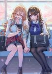  2girls :d ^_^ ahoge akatsuki_mikoto aoi_rei artist_name backlighting bag bag_on_lap black_pantyhose black_shoes black_socks blonde_hair blue_bow blue_bowtie blue_eyes blue_necktie blue_sweater_vest blunt_bangs blush bow bowtie breasts brown_hair brown_shoes cellphone closed_eyes closed_mouth clothes_around_waist collarbone commentary_request diagonal-striped_bow diagonal-striped_bowtie diagonal-striped_clothes diagonal-striped_necktie earphones full_body gyaru hair_between_eyes hair_ornament hairclip highres holding holding_hands holding_phone jacket jacket_around_waist kudo_eru long_hair long_sleeves looking_at_phone medium_breasts mikoto_to_rei multiple_girls necktie open_collar open_mouth pantyhose phone pink_nails plaid_clothes plaid_skirt pleated_skirt red_jacket school_bag school_uniform shared_earphones shirt shoes sitting skirt sleeves_rolled_up small_breasts smartphone smile socks straight_hair striped_bow striped_bowtie striped_clothes striped_necktie stuffed_animal stuffed_cat stuffed_toy sweater_vest thighs train_interior unworn_bag wavy_hair white_shirt window yuri 