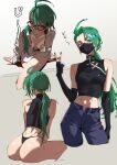  1girl absurdres arm_support ass black_gloves black_mask black_nails black_shirt blue_shorts blush breasts censored character_censor clodsire closed_mouth collared_shirt commentary covered_mouth crop_top cropped_legs denim dress_shirt earrings elbow_gloves expressionless fingerless_gloves fingernails glasses gloves green_hair hair_between_eyes halter_shirt halterneck highres jeans jewelry julian_futanto leaning_forward long_fingernails long_hair long_sleeves looking_at_viewer low_ponytail mask midriff mouth_mask multiple_views nail_polish no_pants novelty_censor open_fly open_pants panties pants partially_unbuttoned pokemon pokemon_scarlet_and_violet ponytail red_eyes rika_(pokemon) shirt shorts sitting sleeveless sleeveless_shirt small_breasts string_panties thong translation_request underwear v very_long_hair white_background white_shirt 