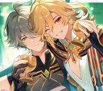  2boys alhaitham_(genshin_impact) arm_up black_gloves black_shirt chalice collared_shirt commentary_request cup earrings feather_hair_ornament feathers floating_hair gem genshin_impact gloves green_gem grey_hair hair_between_eyes hair_ornament holding holding_cup jewelry kaveh_(genshin_impact) male_focus medium_hair ml_(sysynemuru) multiple_boys one_eye_closed partially_fingerless_gloves piercing red_gem shirt triangle_mouth upper_body v-neck watermark white_shirt 