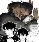  2boys against_wall black_coat black_hair black_shirt blood blood_from_mouth blood_on_face closed_eyes coat collared_shirt commentary english_commentary french_kiss hand_on_another's_chin hand_on_another's_head highres kim_dokja kiss male_focus multiple_boys multiple_views nosebleed omniscient_reader's_viewpoint pinned shirt short_hair taotaille white_coat yaoi yoo_joonghyuk 