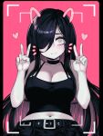 1girl amissio aria_wintermint belt belt_buckle black_belt black_camisole black_choker black_hair black_skirt black_tank_top breasts buckle camisole choker cleavage closed_mouth collarbone commentary crop_top crying crying_with_eyes_open double_v english_commentary goth_fashion green_eyes hair_over_one_eye highres large_breasts long_hair looking_at_viewer midriff navel negative_frames original parororo pink_background simple_background skirt solo tank_top tearing_up tears the_crawling_city v 