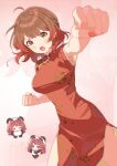  1girl ahoge animal_costume armpit_peek blue_eyes blush breasts brown_eyes brown_hair chibi chibi_inset china_dress chinese_clothes clenched_hand clenched_hands closed_eyes commentary dress floral_print gakuen_idolmaster gradient_background hanami_saki hanami_ume highres idolmaster large_breasts looking_at_viewer misuzu0342 multiple_views nail_polish open_mouth pink_background red_dress red_hair red_nails short_hair short_sleeves side_slit simple_background solo untranslatable_commentary v-shaped_eyebrows virtual_youtuber white_background 