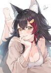  1girl animal_ears barefoot black_hair breasts brown_jacket cleavage commentary_request feet feet_up highres hololive jacket long_hair lying multicolored_hair on_stomach ookami_mio open_clothes open_jacket parted_lips red_hair smile soles solo sports_bra the_pose toes torokko two-tone_hair v virtual_youtuber white_sports_bra wolf_ears wolf_girl 