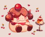  bow bright_pupils cherry commentary food fruit highres no_humans pink_bow pink_eyes pokemon pokemon_(creature) pokemon_focus pokemon_x_and_y pudding sitting slurpuff su_(sajo_su5) tongue tongue_out untranslatable_commentary white_background white_pupils 