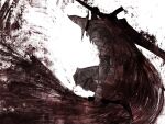  1boy abyss_watcher asymmetrical_dual_wielding black_pants cape commentary dagger dark_souls_(series) dark_souls_iii dual_wielding facing_down from_side gauntlets greatsword helmet holding holding_dagger holding_knife holding_sword holding_weapon knee_armor knife knowthisdream limited_palette male_focus pants red_cape shoulder_plates solo squatting sword weapon white_background 