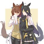  2girls aaasakawa agnes_tachyon_(tach-nology)_(umamusume) agnes_tachyon_(umamusume) ahoge animal_ear_piercing animal_ears arm_around_shoulder bandolier belt black_choker black_coat black_gloves black_hair black_pantyhose black_skirt brown_hair chemical_structure choker coat collared_shirt cowboy_shot earrings empty_eyes eyes_visible_through_hair gloves hair_between_eyes hand_on_own_chin hand_on_own_elbow highres horse_ears horse_girl horse_tail jewelry lab_coat light_blush long_hair long_hair_between_eyes manhattan_cafe_(creeping_shadow)_(umamusume) manhattan_cafe_(umamusume) medium_hair multiple_girls necktie pantyhose pleated_skirt rectangular_earrings red_eyes shirt single_earring skirt sleeves_past_fingers sleeves_past_wrists slit_pupils smile striped_clothes striped_shirt tail tail_raised test_tube umamusume very_long_hair wavy_ahoge white_shirt yellow_eyes yellow_necktie 