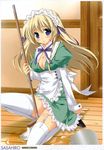  absurdres blonde_hair copyright_request highres long_hair maid mop sasahiro solo thighhighs 