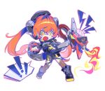  ! !! 1girl asymmetrical_gloves black_gloves black_hat black_horns black_shoes brown_thighhighs commentary crossed_bangs curled_horns dress fingerless_gloves fire floating_hair gloves green_eyes gun hair_between_eyes hat highres holding holding_knife horns knife long_hair magus_(zenless_zone_zero) mechanical_horns mechanical_tail mismatched_gloves open_mouth orange_hair orange_pupils orphie_magnusson pointy_ears shoes simple_background single_fingerless_glove spoken_exclamation_mark sweat tail thighhighs twintails untranslatable_commentary weapon white_background wifi12341234 yellow_gloves zenless_zone_zero zipper_dress 