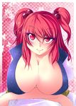  breasts bug butterfly checkered cleavage hair_bobbles hair_ornament huge_breasts insect kusaka_eiki onozuka_komachi red_eyes red_hair short_hair solo squinting touhou two_side_up uneven_eyes 