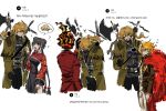  1boy 1other 2girls ? a_certain_sinclair_(project_moon) black_dress black_gloves blonde_hair breasts coat commentary_request dante_(limbus_company) don_quixote_(project_moon) double_bun dress feather_boa fire gloves hagi0855 hair_bun halberd headpat highres jia_xichun_(project_moon) korean_commentary limbus_company long_hair long_sleeves multiple_girls polearm project_moon red_eyes red_shrug request_inset sancho_(project_moon) short_hair shrug_(clothing) sinclair_(project_moon) spoken_character spoken_question_mark sword trench_coat twintails weapon weapon_on_back yellow_eyes 