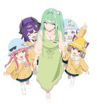  5girls :d ^_^ absurdres aged_down animal_ears aokumo_rin arm_at_side arm_up arms_at_sides bag baku_(sakihane_huya) black_horns black_skirt blue_eyes blue_hat braid braided_hair_rings breasts brown_shirt butterfly_necklace cardigan cat_ears cat_girl chico_(yuzuha_riko) child cleavage closed_eyes closed_mouth commentary_request crescent double-parted_bangs dragon_girl dragon_horns dress eric04310 from_above full_body green_dress green_eyes green_hair grey_hair hair_ornament hair_rings hanako_nana hat hat_ornament highres holding_hands horns index_finger_raised jewelry kindergarten_uniform korean_commentary kurimi_(aokumo_rin) large_breasts long_hair looking_ahead looking_at_another maro_(neneko_mashiro) multiple_girls necklace neneko_mashiro one_side_up open_mouth pacifier peto_(hanako_nana) pink_hair pleated_skirt pom_pom_(clothes) pom_pom_hair_ornament purple_eyes purple_hair purple_hat quad_braids red_eyes rounded_collar sakihane_huya shirt shirt_under_dress shoes shoulder_bag simple_background skirt smile socks star_(symbol) stellive teacher_and_student uwabaki virtual_youtuber walking white_background white_hair white_shirt white_shoes white_socks yellow_bag yellow_cardigan yuzuha_riko 