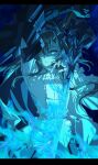  1girl absurdres amiya_(arknights) amiya_(guard)_(arknights) amiya_(guard)_(in_a_myriad_of_universes)_(arknights) animal_ear_fluff animal_ears arknights arm_up armor ascot black_skirt blue_background blue_eyes blue_fire blue_theme breasts brown_hair center_frills dusk_ming fire flaming_sword flaming_weapon floating_hair frilled_shirt frilled_wrist_cuffs frills gauntlets glowing glowing_sword glowing_weapon hair_between_eyes hair_over_one_eye hand_up highres holding holding_sword holding_weapon jewelry letterboxed long_hair long_sleeves looking_at_viewer medium_breasts multiple_rings official_alternate_costume parted_lips rabbit_ears rabbit_girl red_pupils ring shirt single_gauntlet skirt solo sword upper_body very_long_hair weapon white_ascot wrist_cuffs 