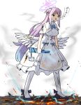  1girl absurdres angel_wings black_shoes blue_archive blue_hair blue_halo broken_horn burnt_clothes buttons capelet chewing crescent_moon crescent_wing_ornament crossover doodle_sensei_(blue_archive) double-breasted dress eating electricity embers frilled_dress frills gradient_hair gradient_halo hair_bun halo high_heels highres horns kirin_(monster_hunter) long_hair looking_at_viewer low_wings medium_dress mika_(blue_archive) monster_hunter_(series) moon multicolored_hair multicolored_halo nubebenbe pantyhose pink_halo pumps sensei_(blue_archive) shoes single_side_bun white_dress white_pantyhose wing_ornament wings 