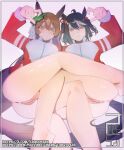  2girls absurdres animal_ears anus ass black_hair black_tail blush bottomless breasts brown_eyes brown_hair brown_tail cleft_of_venus commentary_request hair_between_eyes highres horse_ears horse_girl jacket kitasan_black_(umamusume) large_breasts long_hair long_sleeves looking_at_viewer multicolored_hair multiple_girls pussy red_eyes red_jacket satono_diamond_(umamusume) short_hair simple_background smile streaked_hair thick_thighs thighs tracen_training_uniform track_jacket two_side_up umamusume uncensored web_address white_jacket white_streaks wista 