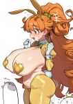  1girl absurdres animal_ears blush bow bowtie breasts cat_(nyanko_daisensou) curly_hair ebora fake_animal_ears gloves green_eyes heart_maebari heart_pasties high_ponytail highres huge_breasts kai_(nyanko_daisensou) long_hair long_sleeves maebari navel nyanko_daisensou open_mouth orange_hair pasties ponytail rabbit_ears rabbit_tail revealing_clothes reverse_bunnysuit reverse_outfit shrug_(clothing) smile tail thick_thighs thighs white_gloves yellow_hiphighs yellow_shrug 