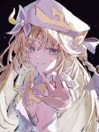 1girl bare_shoulders beret black_background blonde_hair blue_eyes breasts commentary cross-shaped_pupils dress facial_mark forehead_mark fuyu_gn genshin_impact hat highres long_hair nicole_reeyn pointy_ears sideboob simple_background smile star_(symbol) star_facial_mark symbol-shaped_pupils white_dress white_hat white_sleeves 