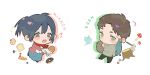  1boy 1girl absurdres animal apple artist_name axe bird black_hair black_pants black_shoes blue_skirt blush bread brown_hair cardigan chibi chibi_only commentary donut eren_yeager fish flying_sweatdrops food fork fruit green_eyes grey_eyes grey_shirt highres holding holding_animal holding_fish long_skirt mikasa_ackerman mushroom open_mouth pants pink_cardigan ponytail red_scarf scarf shingeki_no_kyojin shirt shoes short_hair skirt tree_stump untranslatable_commentary white_background white_shirt zhuse_fuxianqing 