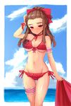  beach bikini blush breasts cameltoe cape day frilled_bikini frills front-tie_top genderswap genderswap_(mtf) hair_ribbon hairlocs inazuma_eleven inazuma_eleven_(series) judy_(artist) kidou_yuuto medium_breasts navel red_eyes ribbon side-tie_bikini solo string_bikini swimsuit thigh_gap underboob 