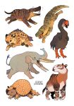  armadillo bird chibi crocodilian elephant fangs fangs_out glyptodon green_scales narrowed_eyes no_humans paleoart prehistoric prehistoric_animal red_eyes short_tail smilodon spiked_tail spotted_fur striped_fur tail tail_tuft tusks ver_(verface) 