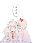  2girls blush bow chinese_commentary chinese_text commentary_request doki_doki_literature_club english_text greyscale high_ponytail highres holding holding_paper long_hair monika_(doki_doki_literature_club) monochrome multiple_girls paper ponytail red_bow sayori_(doki_doki_literature_club) school_uniform short_hair whispering whispering_in_ear white_bow yanmifan92938 yuri 