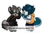 anthro black_clothing black_trenchcoat blue_body blue_fur blue_hair canid canine canis clothing coat dartekuma domestic_dog duo fur green_eyes grey_body grey_fur hair hi_res hoodie husky male mammal nonbinary_(lore) nordic_sled_dog orange_clothing orange_hoodie orange_topwear paws procyonid raccoon shaded skylar_mahogany_(rayliththederg) spitz text tomodachi_life tomodachi_life:_living_the_dream topwear trenchcoat victor_(mrmoopne)