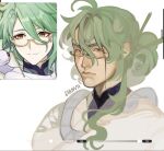  1boy ahoge art_program_in_frame artist_name baizhu_(genshin_impact) blue_shirt brown_eyes changsheng_(genshin_impact) commentary english_commentary expressionless flanvii freckles genshin_impact glasses green_hair hair_between_eyes hair_bun hair_intakes hair_ornament hair_stick highres long_hair looking_at_viewer male_focus mandarin_collar narrowed_eyes parted_bangs portrait realistic reference_inset round_eyewear semi-rimless_eyewear shirt sideways_glance simple_background sketch snake snake_wrapped_around_neck white_background white_snake 