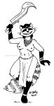 2024 anthro belladonna_(tegerio) black_and_white bottomwear breasts clothed clothing facial_markings female gloves_(marking) head_markings hi_res holding_object holding_weapon leg_markings loincloth mammal markings mask_(marking) monochrome navel nipples procyonid raccoon ring_(marking) ringed_tail socks_(marking) solo striped_markings striped_tail stripes tail tail_markings tegerio topless topless_female weapon whiskers