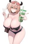  1girl absurdres animal_ears bag black_choker blush breasts brown_hair choker cup curvy disposable_cup eyewear_on_head fingernails green_eyes grin highres holding holding_cup huge_breasts indie_virtual_youtuber long_fingernails looking_at_viewer micro_shorts n_hiu nail_polish navel nimi_nightmare second-party_source shorts shoulder_bag simple_background smile solo sunglasses thighs v white_background 