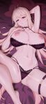  1girl absurdres arm_up armpits bb._ex bed_sheet black_bra black_choker black_panties blonde_hair blush bra breasts breasts_out choker collarbone commentary_request dulcinea_(project_moon) hair_intakes hand_up highres large_breasts limbus_company long_hair looking_at_viewer lying nail_polish navel nipples on_back on_bed panties parted_lips pillow project_moon purple_nails red_eyes shiny_skin solo spread_legs thigh_strap underwear underwear_only variant_set 