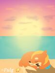 2025 2_tails 3_fingers ambiguous_gender artist_name beach buizel feral fingers fulgito_ast fur generation_4_pokemon long_tail multi_tail nintendo orange_body orange_fur orange_tail outside pokemon pokemon_(species) sleeping solo sunset tail text