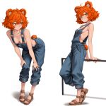  1girl ahoge animal_ears bear_ears bear_girl bear_tail bent_over blue_overalls blush breasts brown_sandals closed_mouth commentary full_body highres looking_at_viewer multiple_views naked_overalls orange_eyes orange_hair original overalls ribs sandals short_hair simple_background small_breasts smile standing tail white_background yan_(yan_kodiac) yan_kodiac 