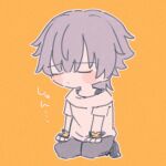  1boy 3qtarorail black_shoes blush_stickers caelus_(honkai:_star_rail) chibi chibi_only clenched_hands closed_eyes closed_mouth commentary_request fingerless_gloves full_body gloves grey_gloves grey_hair grey_pants hair_between_eyes hands_on_own_knees honkai:_star_rail honkai_(series) male_focus orange_background pants seiza shirt shoes short_hair short_sleeves simple_background sitting solo t-shirt trailblazer_(honkai:_star_rail) white_shirt 