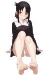  1girl bare_legs barefoot black_dress black_hair blush breasts collarbone collared_dress dress feet folded_ponytail foot_focus hair_ribbon highres kaguya-sama_wa_kokurasetai_~tensai-tachi_no_renai_zunousen~ knees_up legs long_hair long_sleeves looking_at_viewer neck_ribbon panties pantyshot parted_bangs red_eyes red_ribbon ribbon school_uniform shinomiya_kaguya shuuchiin_academy_school_uniform sidelocks simple_background sitting small_breasts smile soles solo tft_(tft7822) toe_scrunch toenails toes underwear white_background white_panties xenon_(simlacurm) 