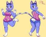 animal_crossing anthro big_breasts big_butt blue_body blue_fur blush blush_stickers breasts brown_eyes butt cat_smile clothed clothing domestic_cat dress eyelashes feet felid feline felis female front_view fur gloves_(marking) head_tuft hi_res leg_markings looking_at_viewer mammal markings nintendo open_mouth open_smile panties pattern_clothing pattern_dress pawpads pink_clothing pink_dress purple_clothing purple_dress rear_view rinexern rosie_(animal_crossing) simple_background smile snaggle_tooth socks_(marking) solo thick_thighs tuft underwear white_body white_clothing white_fur white_panties white_underwear wide_hips yellow_background