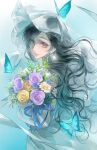  1girl black_hair blue_butterfly blue_flower blue_ribbon bouquet bug butterfly closed_mouth commentary_request dress earrings final_fantasy final_fantasy_vii flower from_side glint gradient_background highres holding holding_bouquet jewelry lips long_hair looking_at_viewer ow8913596238989 pink_flower pink_lips red_eyes ribbon solo swept_bangs teardrop_earrings tifa_lockhart upper_body veil white_dress white_veil yellow_flower 