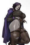  1girl absurdres bare_hips belt black_leotard black_lips black_nails breasts cape cloak colored_skin commentary curvy dc_comics english_commentary fingernails floating floating_object foot_out_of_frame forehead_jewel from_below gem grey_skin highleg highleg_leotard highres hood large_breasts leg_up leotard leotard_pull lips lipstick long_sleeves looking_at_viewer looking_down makeup nail_polish pantyhose parted_bangs pulling_own_clothes purple_cape purple_eyes purple_hair raven_(dc) red_gem shiny_skin short_hair simple_background skindentation solo standing standing_on_one_leg taiyang_yu teen_titans thick_thighs thighband_pantyhose thighhighs thighs torn_clothes torn_leotard torn_pantyhose torn_thighhighs wedgie white_background 