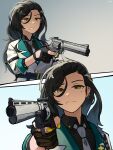 1girl absurdres aiming belt black_gloves black_hair black_shawl closed_mouth dirty_harry gamryous girls'_frontline gloves green_eyes grey_necktie gun hair_ornament highres holding holding_weapon jacket long_hair necktie open_mouth python_(girls'_frontline) revolver shawl sky solo weapon white_jacket 