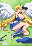  2010 angel_wings artist_name astraea blonde_hair blush breasts cleavage collar dated large_breasts legs long_hair long_legs midriff miniskirt one_eye_closed panties red_eyes skirt solo sora_no_otoshimono the-sinner thighs twintails underwear very_long_hair weapon wings 